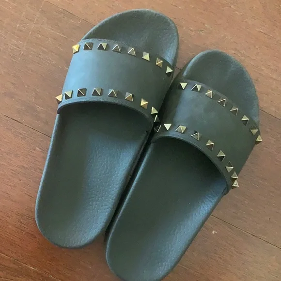 Valentino Black Slide Sandals with Gold Studs - Picture 1 of 4